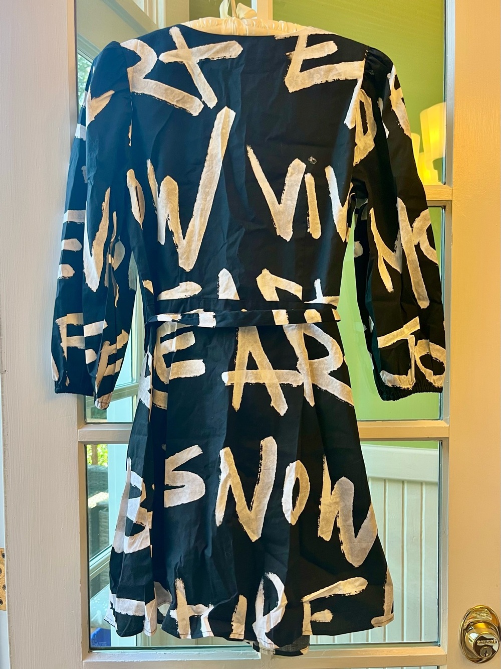 Desigual Black Graffiti Dress with White Text Letters & Belt V-neck Buttons Puff - Picture 3 of 10